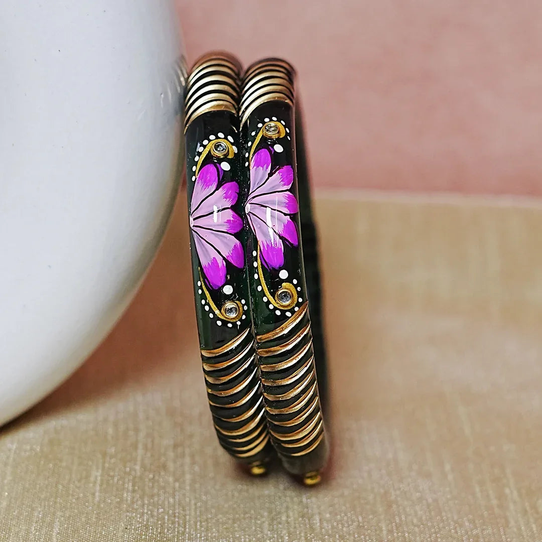 Handcrafted Lotus Printed Pattern Glass Kada for Women (Pack of 2) - The Golden Cascade